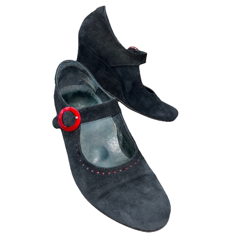 Black Suede Wedge Mary Jane Shoes Helle Comfort‎ Ollie Sz 40 Buckle Closure Red